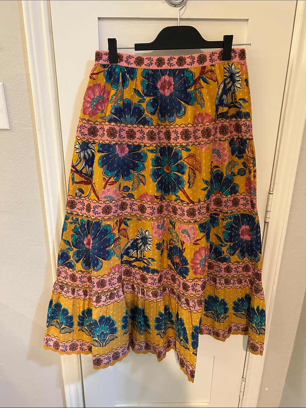 FARM Rio Yellow Maxi Skirt with Blue & Pink Florals